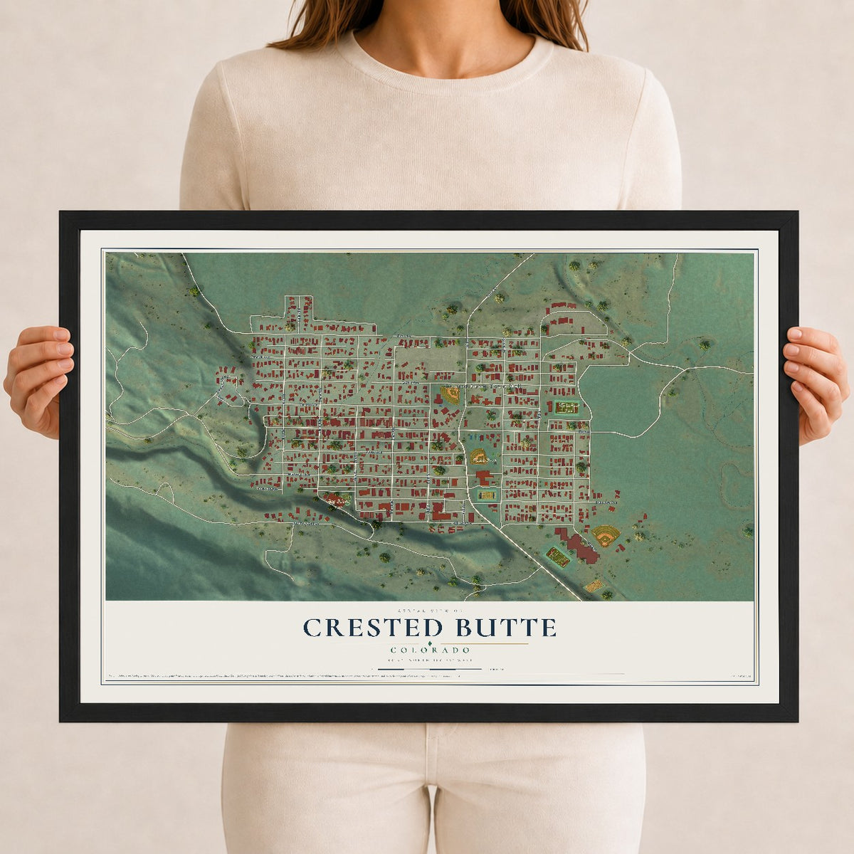 Map of Crested Butte, Colorado, 12 x 18 inch print in a black wood frame