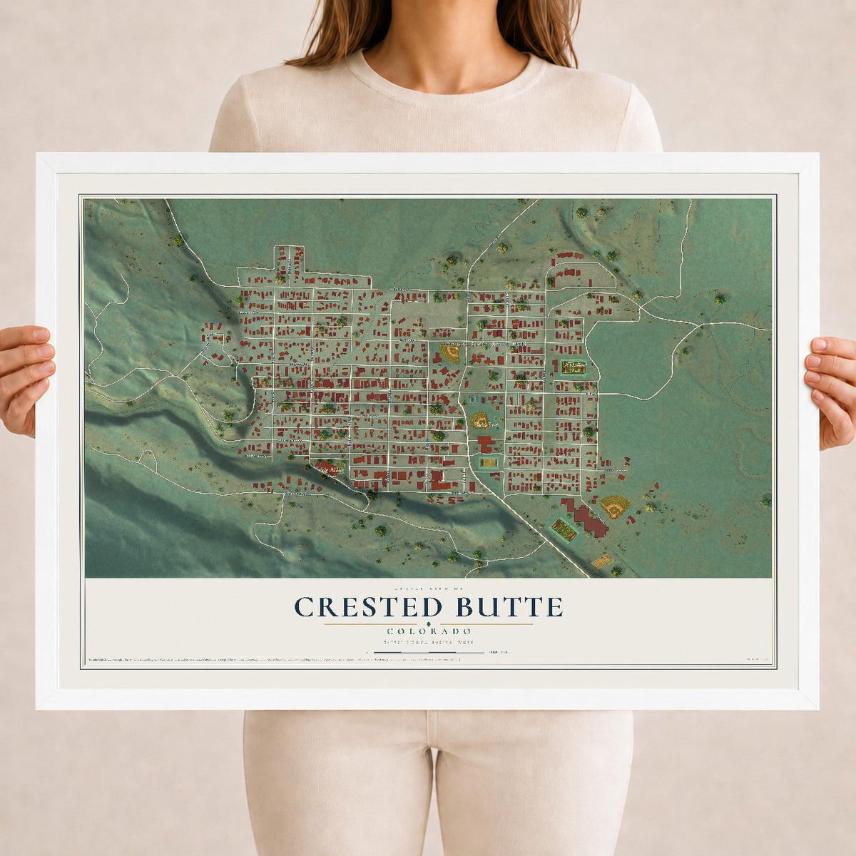 Map of Crested Butte, Colorado, 18 x 24 inch print in a white wood frame