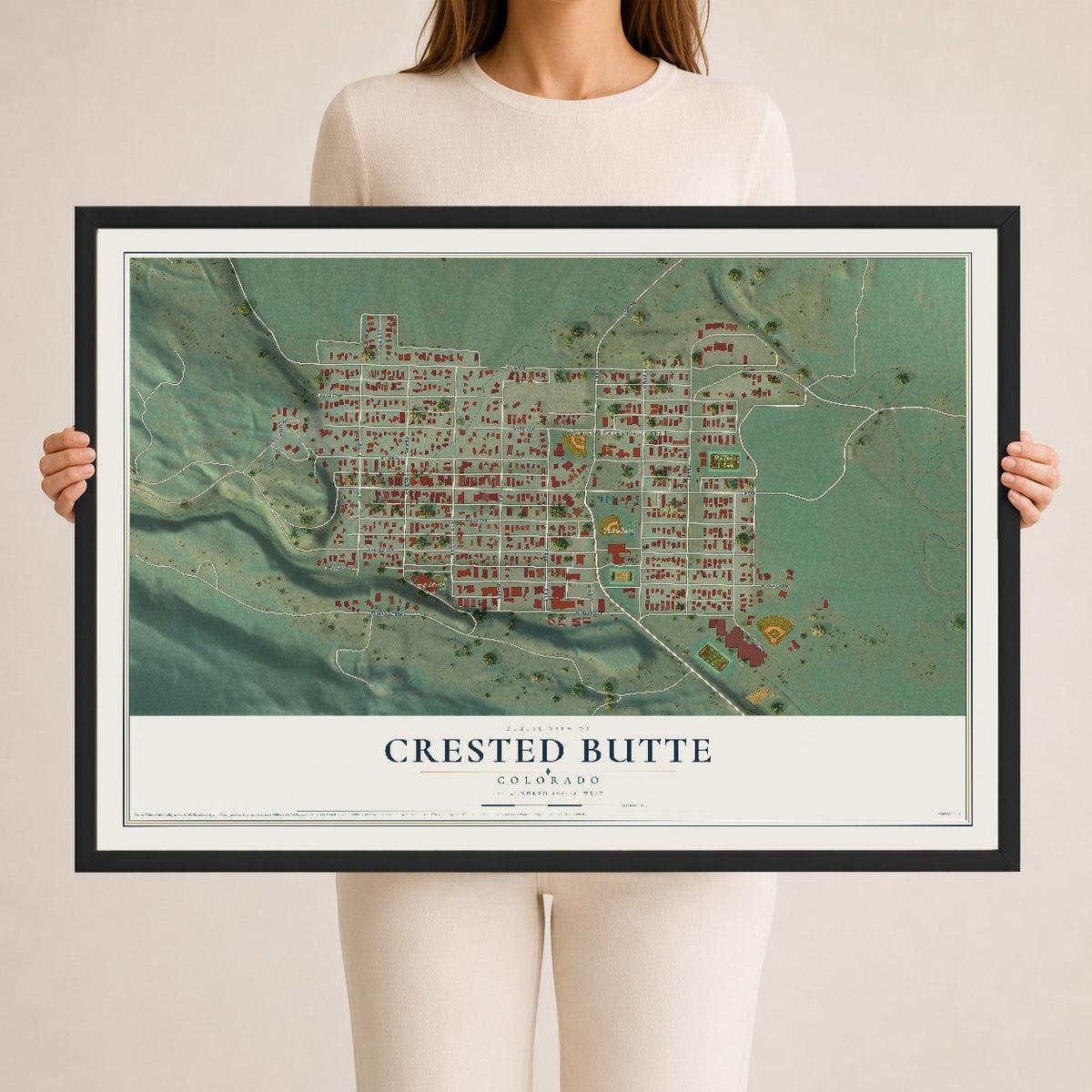 Map of Crested Butte, Colorado, 24 x 36 inch print in a black wood frame