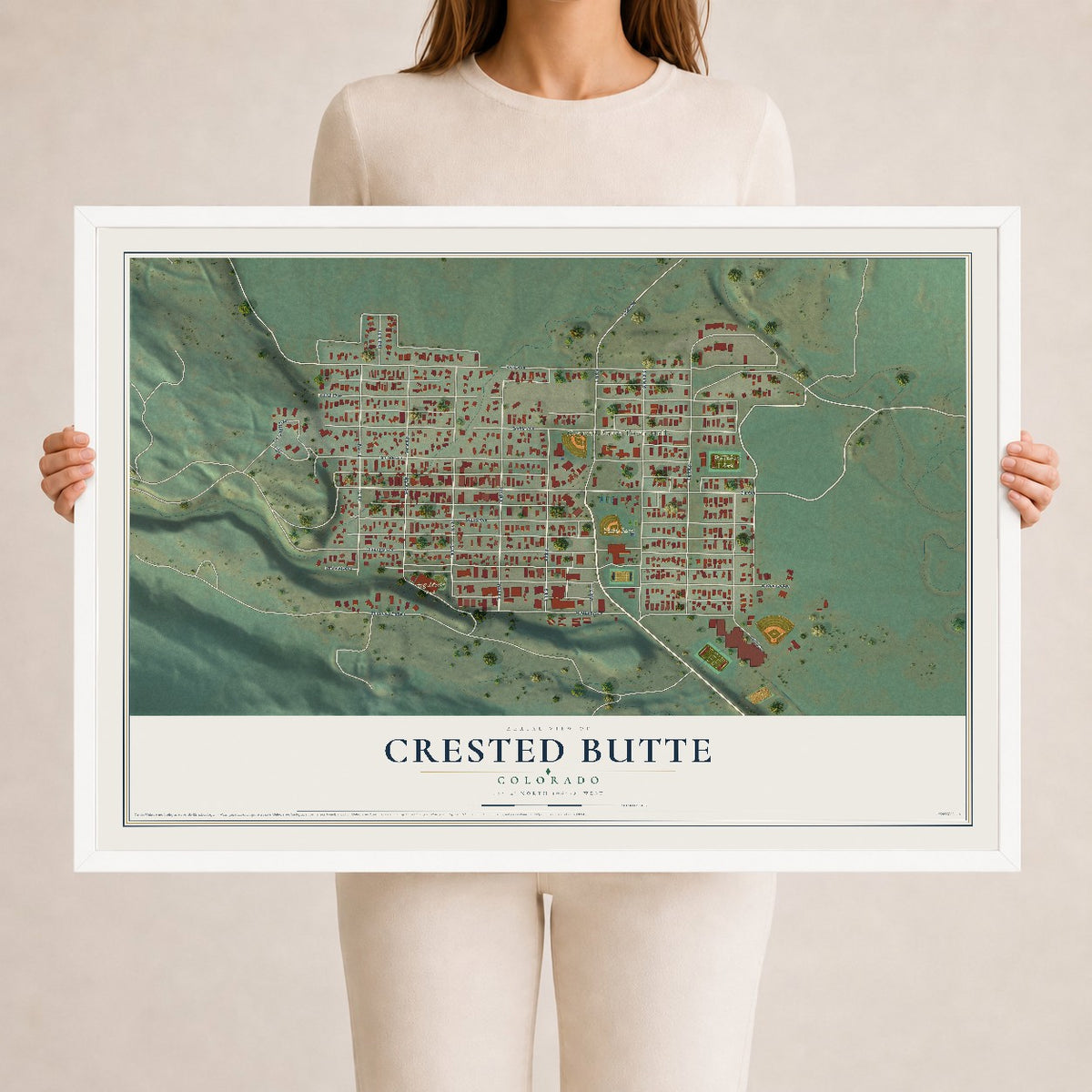 Map of Crested Butte, Colorado, 24 x 36 inch print in a white wood frame