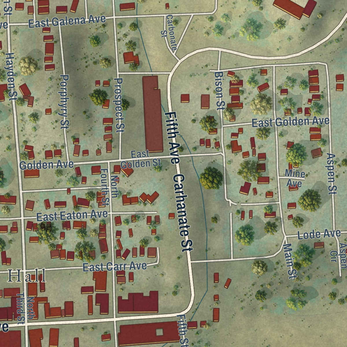 Close-up of the map of Cripple Creek, Colorado print showing street and building detail