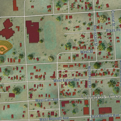 Second close-up of the map of Cripple Creek, Colorado print showing more streets and buildings