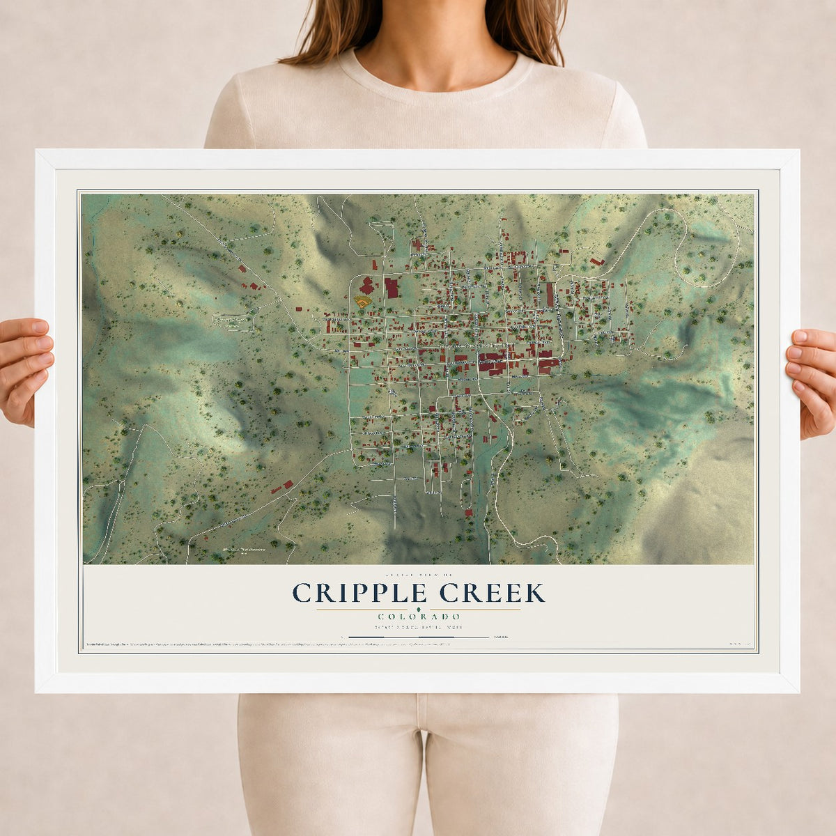Map of Cripple Creek, Colorado, 18 x 24 inch print in a white wood frame