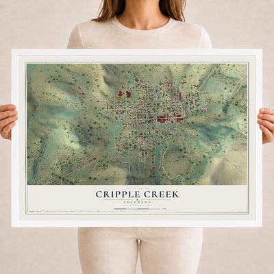 Map of Cripple Creek, Colorado, 18 x 24 inch print in a white wood frame
