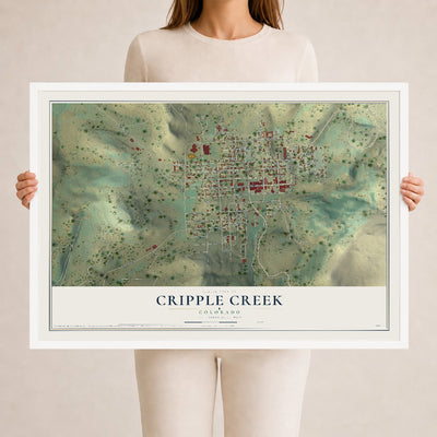 Map of Cripple Creek, Colorado, 24 x 36 inch print in a white wood frame