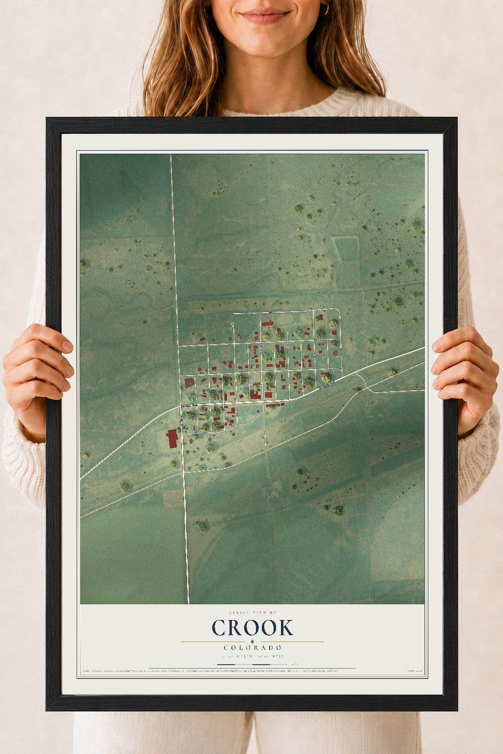 Map of Crook, Colorado, 18 x 24 inch print in a black wood frame