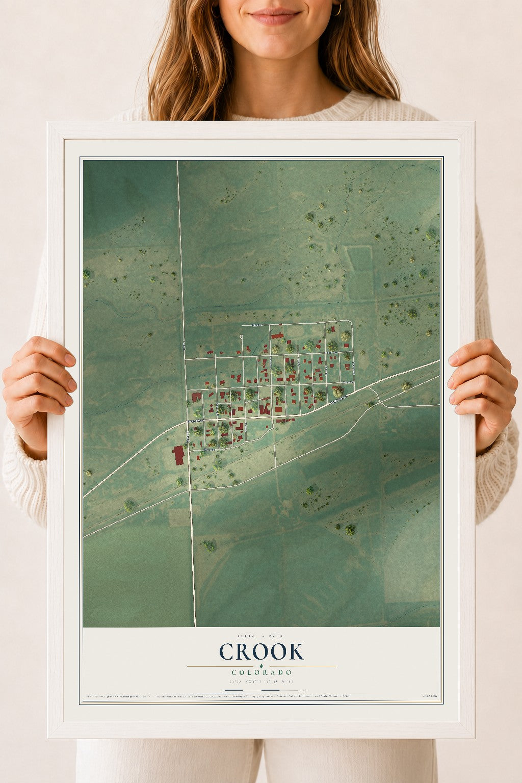 Map of Crook, Colorado, 18 x 24 inch print in a white wood frame