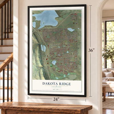 Dakota Ridge, Colorado map, 24 x 36 inch print in a black frame by a staircase