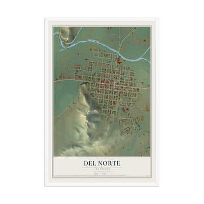 Map of Del Norte, Colorado, 12 x 18 inch print in a white wood frame
