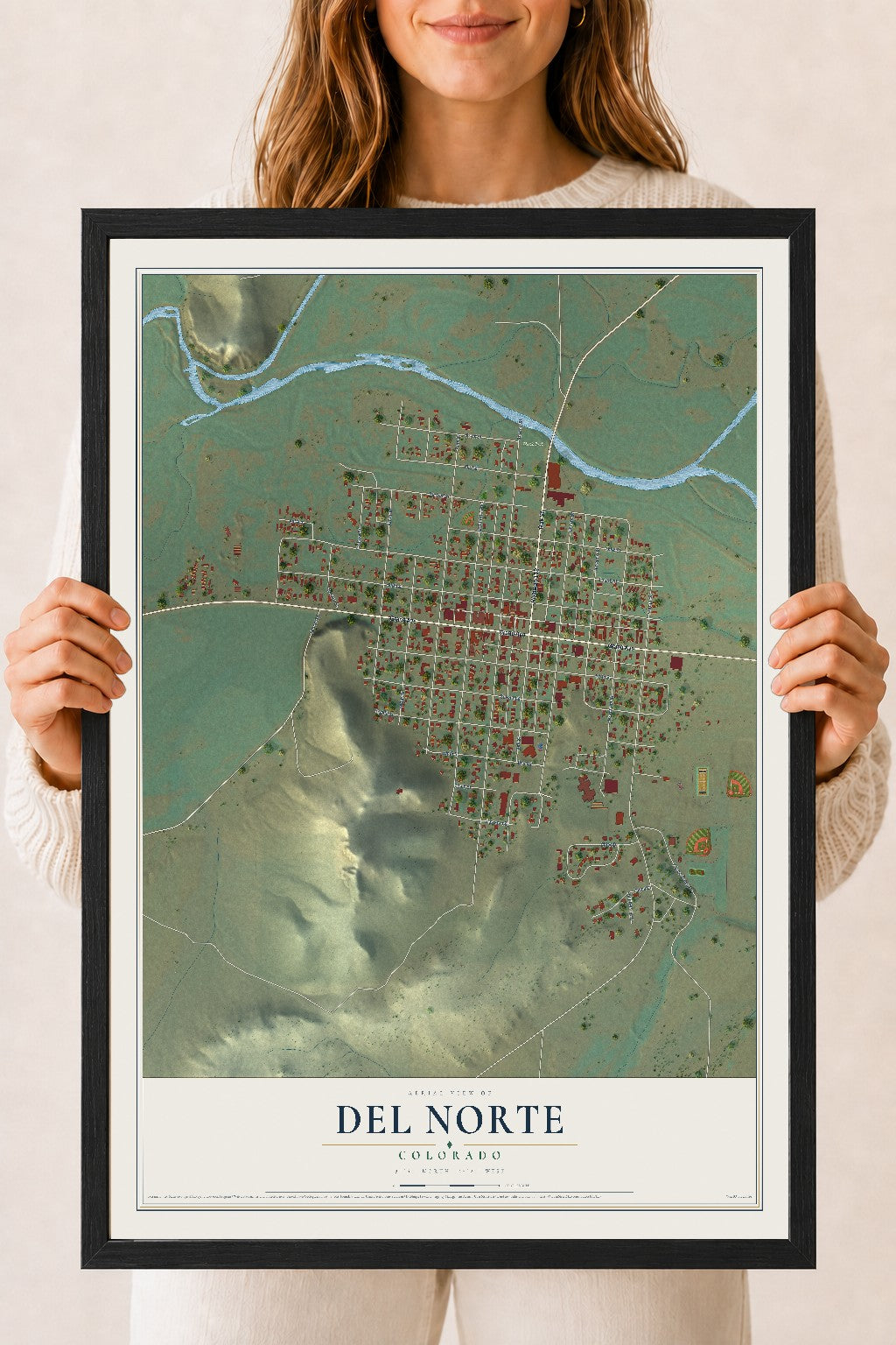 Map of Del Norte, Colorado, 18 x 24 inch print in a black wood frame