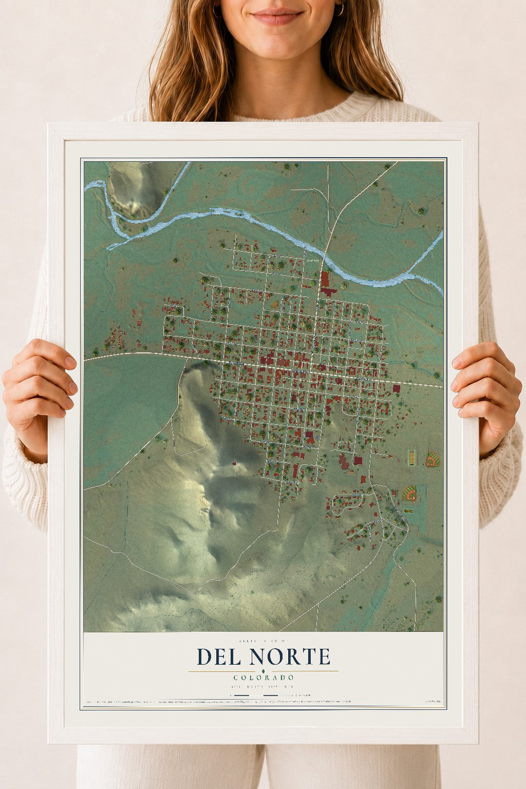 Map of Del Norte, Colorado, 18 x 24 inch print in a white wood frame