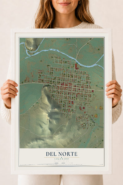 Map of Del Norte, Colorado, 18 x 24 inch print in a white wood frame