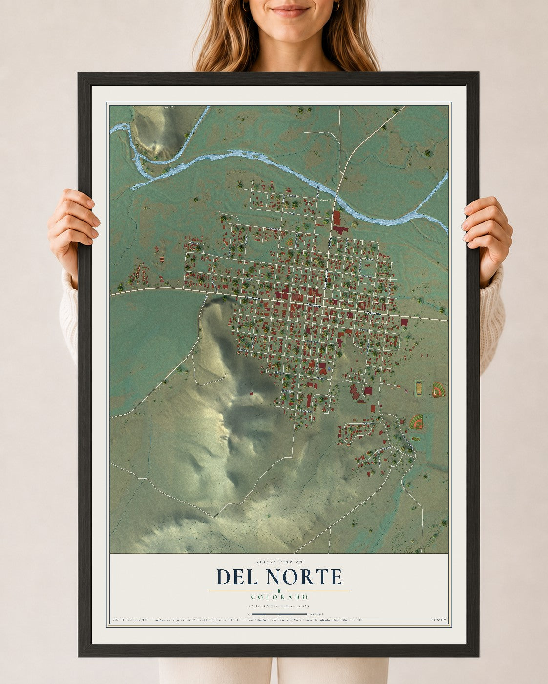 Map of Del Norte, Colorado, 24 x 36 inch print in a black wood frame