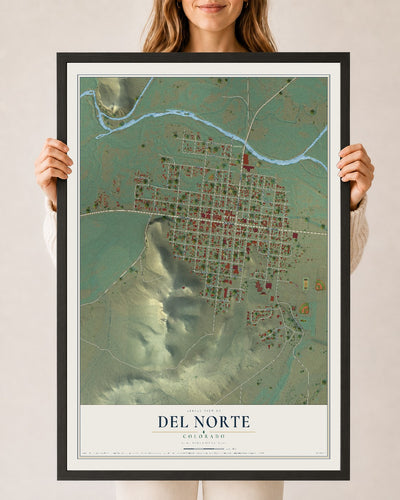 Map of Del Norte, Colorado, 24 x 36 inch print in a black wood frame