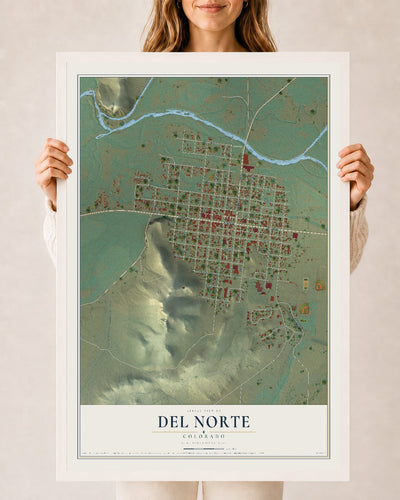 Map of Del Norte, Colorado, 24 x 36 inch print in a white wood frame