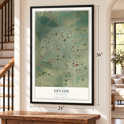 Divide, Colorado map, 24 x 36 inch print in a black frame by a staircase