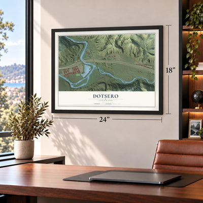 Dotsero, Colorado map, 18 x 24 inch print in a black frame in a home office