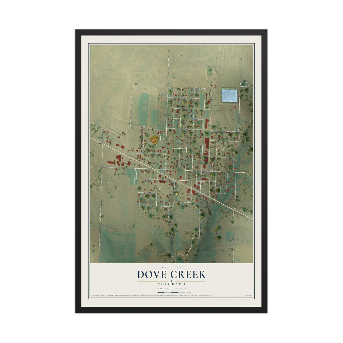 Map of Dove Creek, Colorado, 12 x 18 inch print in a black wood frame