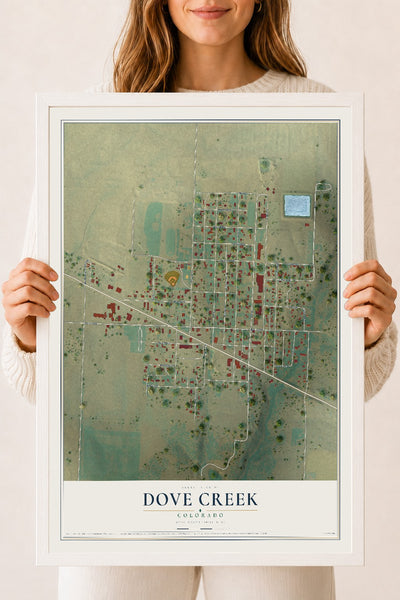 Map of Dove Creek, Colorado, 18 x 24 inch print in a white wood frame