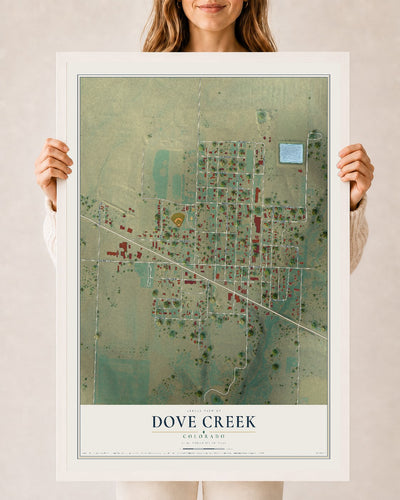 Map of Dove Creek, Colorado, 24 x 36 inch print in a white wood frame