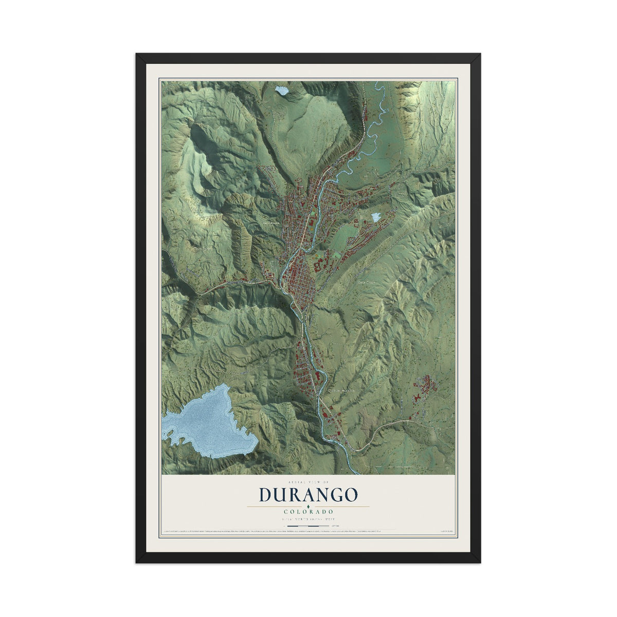 Map of Durango, Colorado, 12 x 18 inch print in a black wood frame