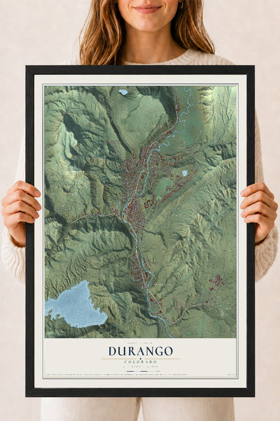 Map of Durango, Colorado, 18 x 24 inch print in a black wood frame