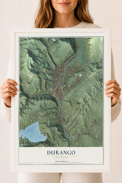 Map of Durango, Colorado, 18 x 24 inch print in a white wood frame