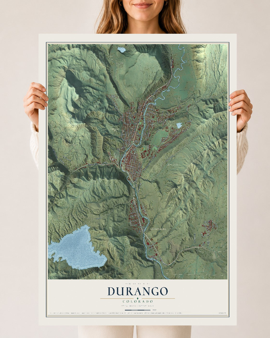 Map of Durango, Colorado, 24 x 36 inch unframed archival matte print