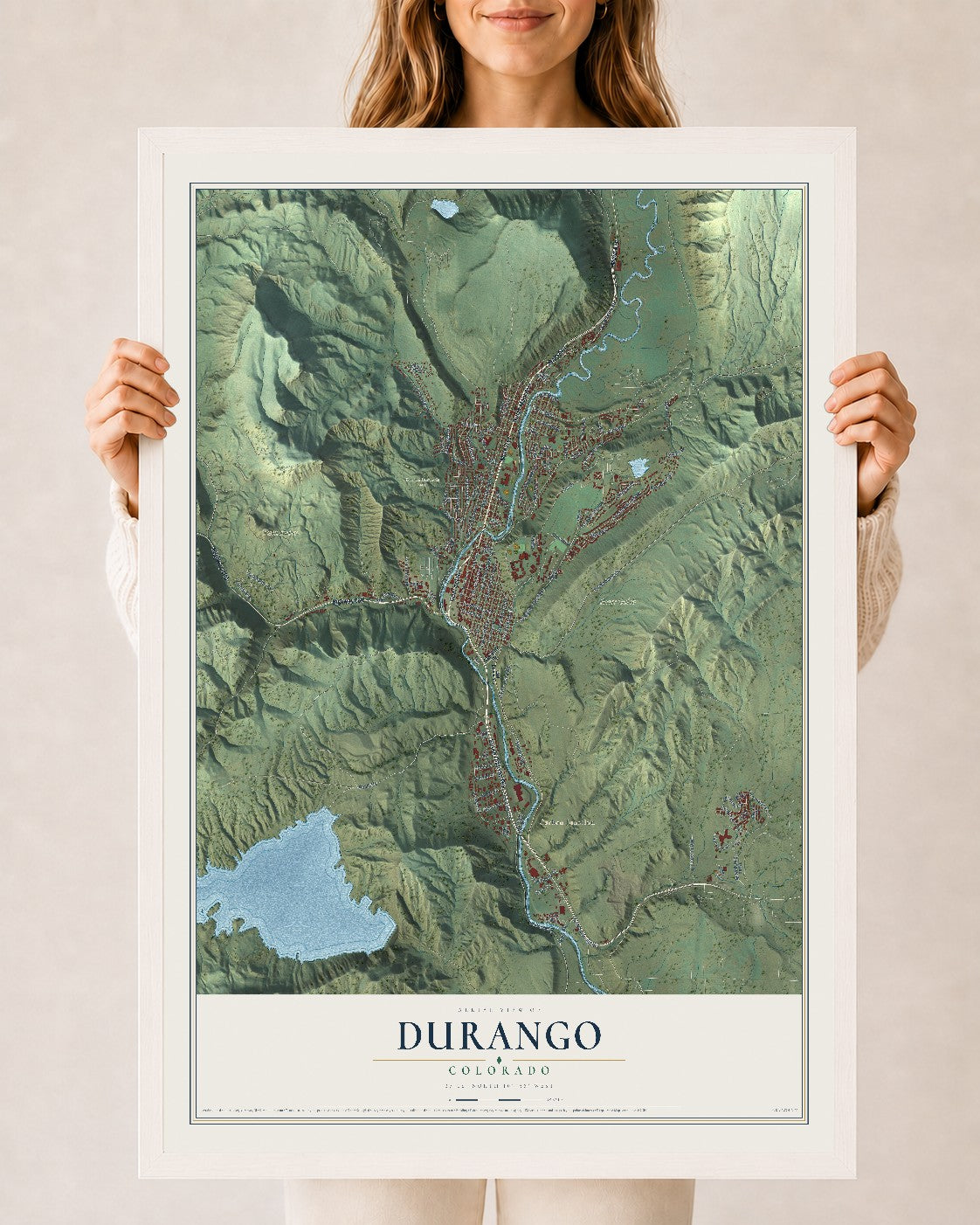 Map of Durango, Colorado, 24 x 36 inch print in a white wood frame