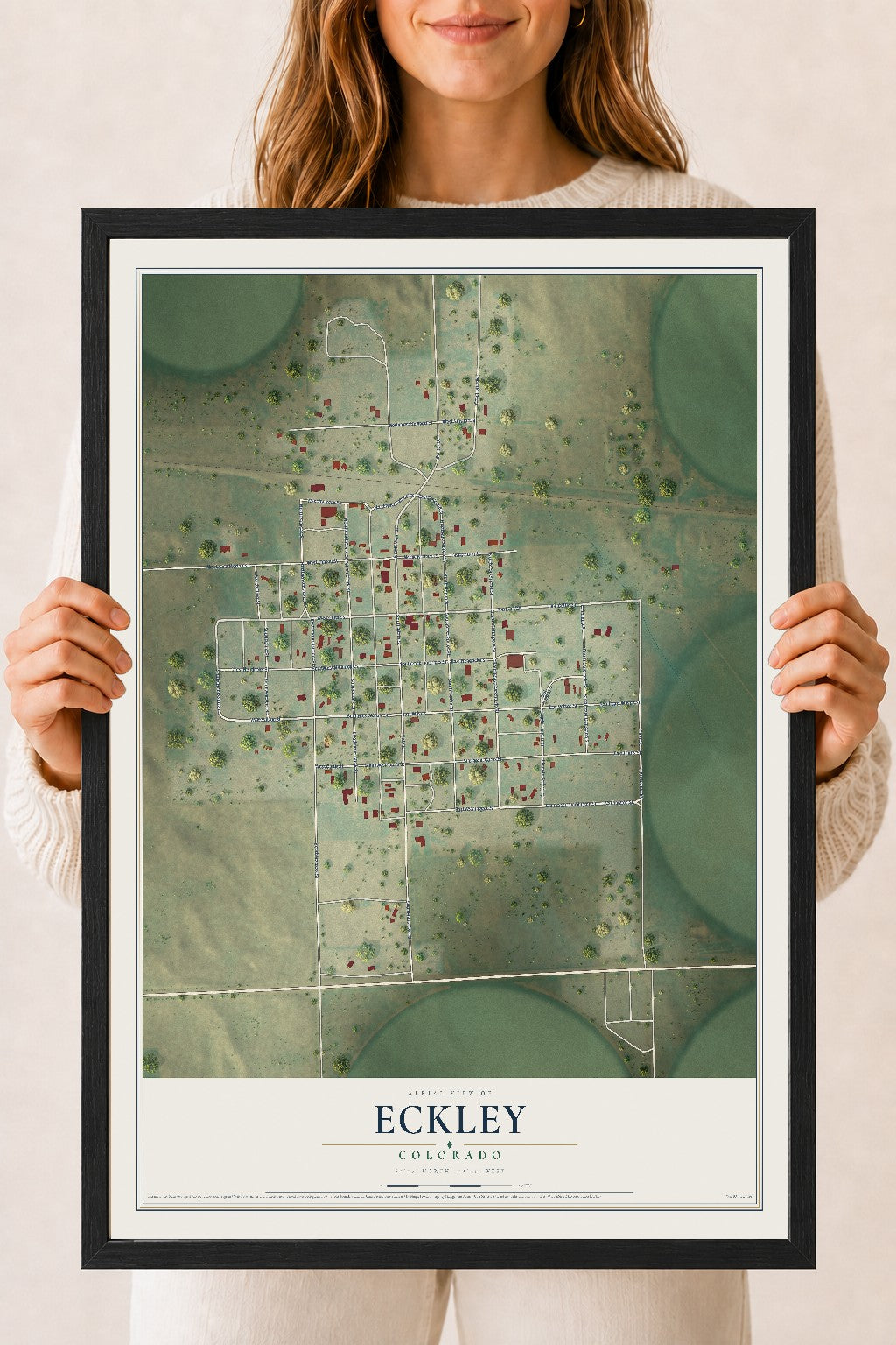 Map of Eckley, Colorado, 18 x 24 inch print in a black wood frame