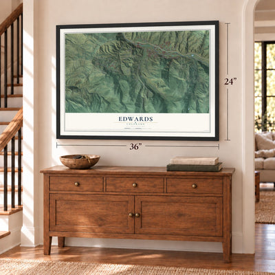 Edwards, Colorado map, 24 x 36 inch print in a black frame above a dresser by a staircase
