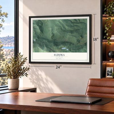 Eldora, Colorado map, 18 x 24 inch print in a black frame in a home office