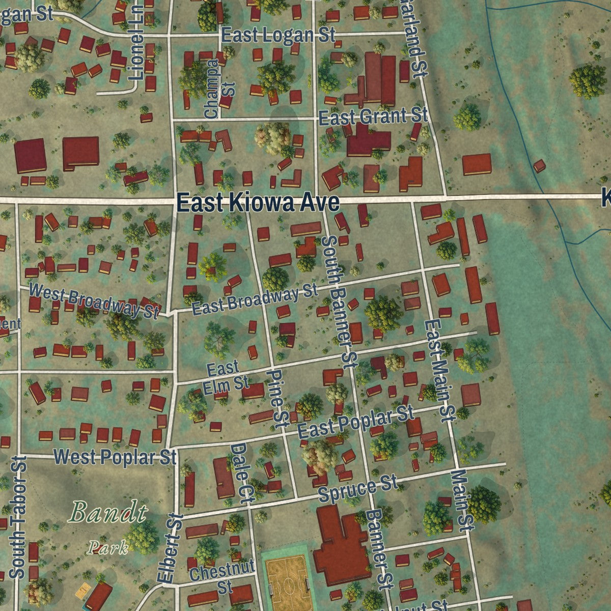 Close-up of the map of Elizabeth, Colorado print showing street and building detail
