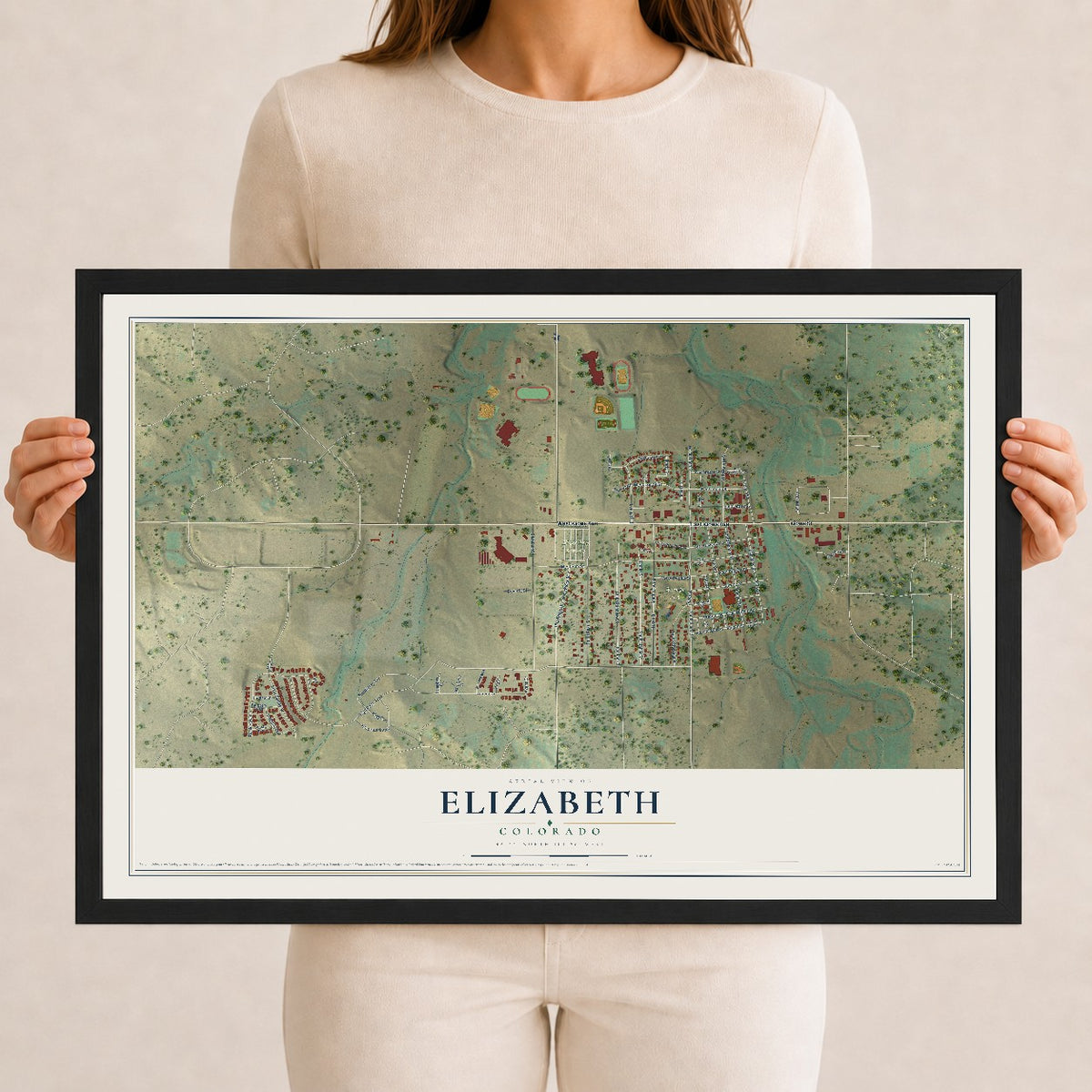 Map of Elizabeth, Colorado, 12 x 18 inch print in a black wood frame