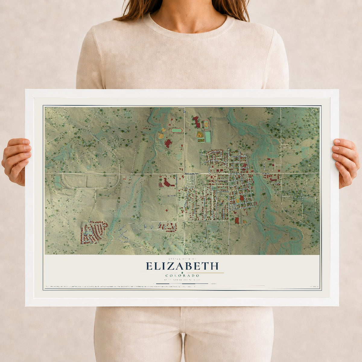 Map of Elizabeth, Colorado, 12 x 18 inch print in a white wood frame