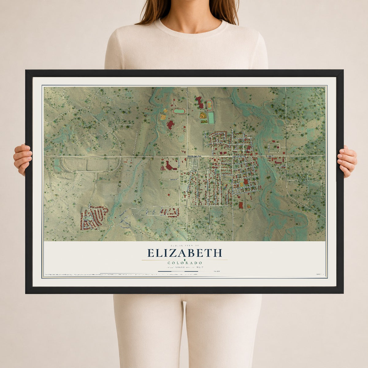 Map of Elizabeth, Colorado, 24 x 36 inch print in a black wood frame