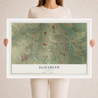 Map of Elizabeth, Colorado, 24 x 36 inch print in a white wood frame