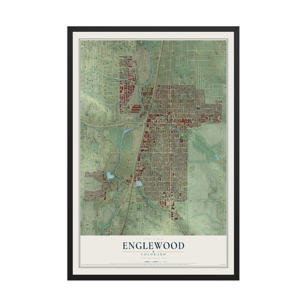 Map of Englewood, Colorado, 12 x 18 inch print in a black wood frame