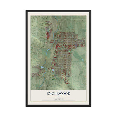 Map of Englewood, Colorado, 12 x 18 inch print in a black wood frame