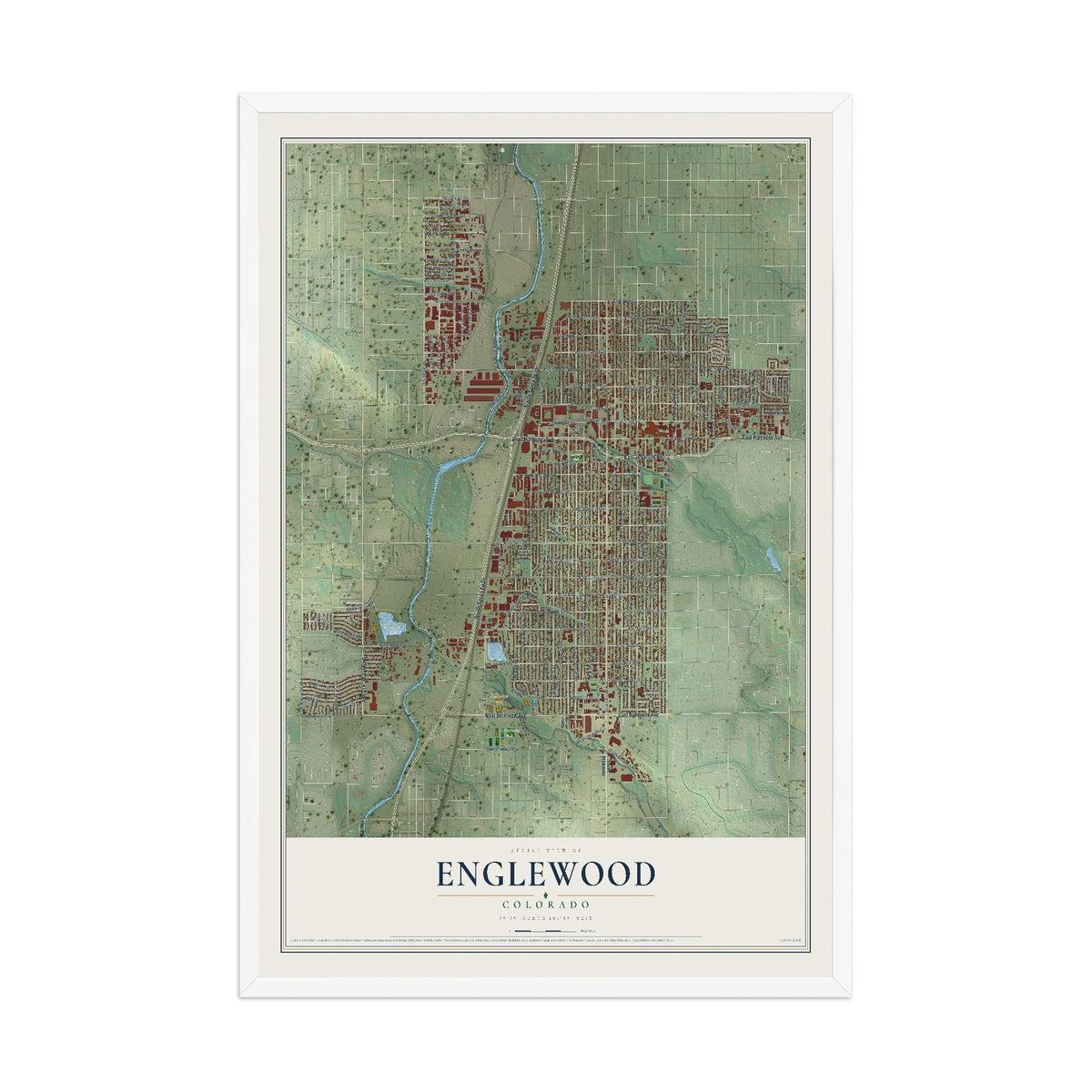 Map of Englewood, Colorado, 12 x 18 inch print in a white wood frame