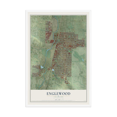 Map of Englewood, Colorado, 12 x 18 inch print in a white wood frame