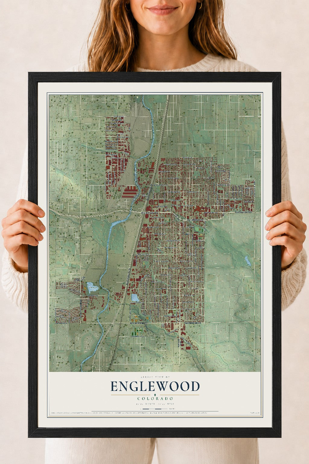 Map of Englewood, Colorado, 18 x 24 inch print in a black wood frame