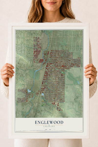 Map of Englewood, Colorado, 18 x 24 inch print in a white wood frame