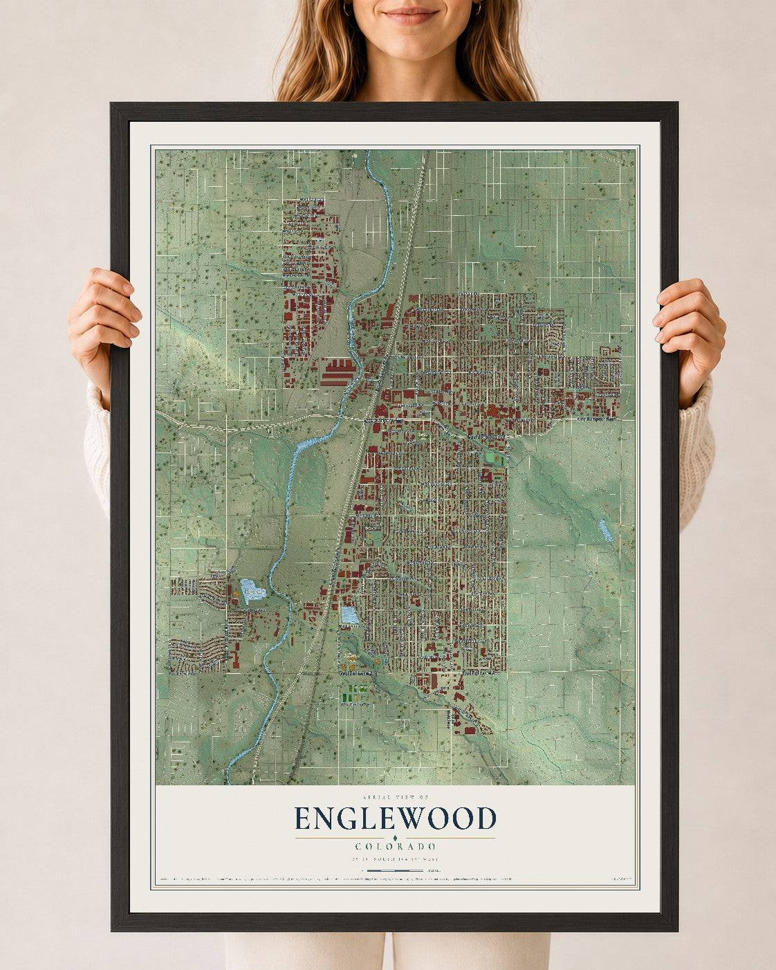 Map of Englewood, Colorado, 24 x 36 inch print in a black wood frame