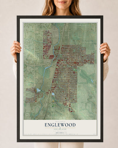 Map of Englewood, Colorado, 24 x 36 inch print in a black wood frame