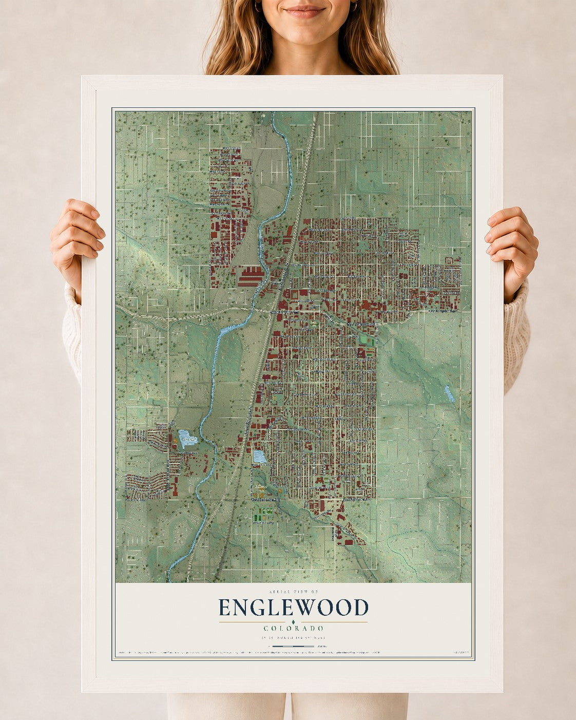 Map of Englewood, Colorado, 24 x 36 inch print in a white wood frame