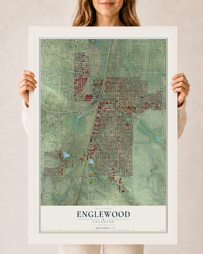 Map of Englewood, Colorado, 24 x 36 inch print in a white wood frame