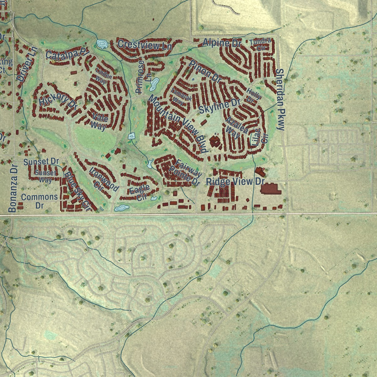 Second close-up of the map of Erie, Colorado print showing more streets and buildings