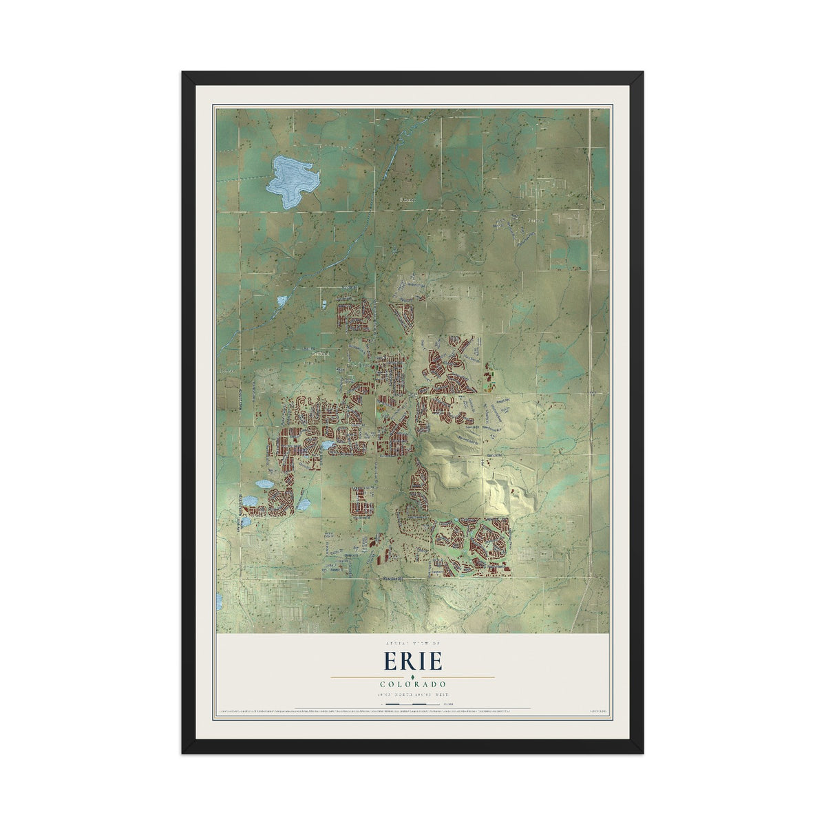 Map of Erie, Colorado, 12 x 18 inch print in a black wood frame