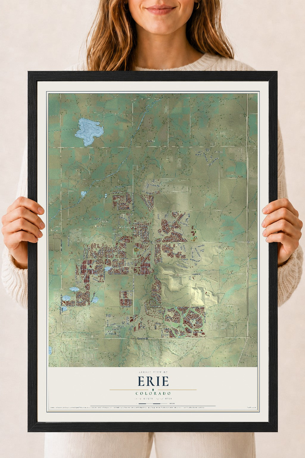 Map of Erie, Colorado, 18 x 24 inch print in a black wood frame